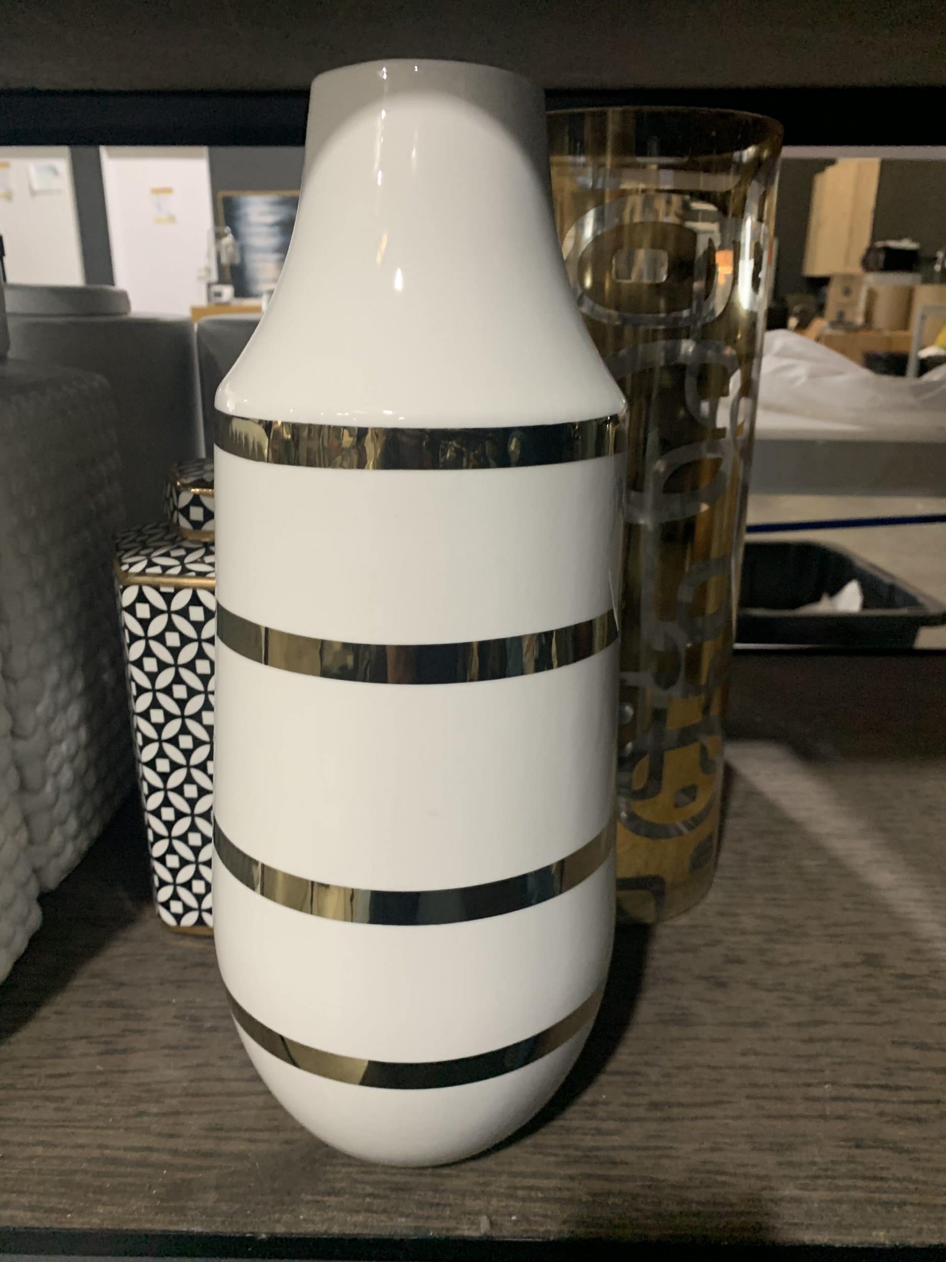 Shiny White Vase w/ Gold Stripes 15"