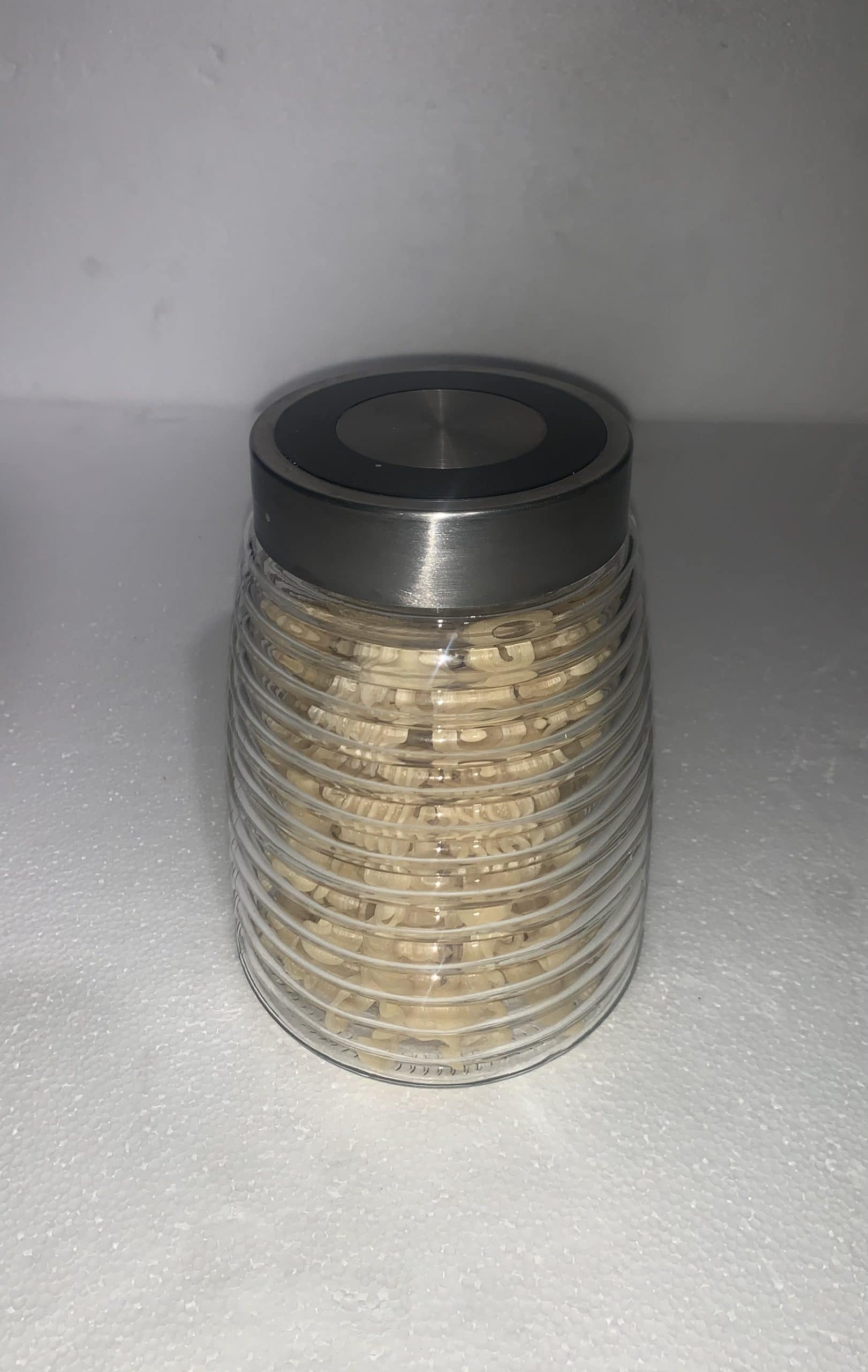 Glass Kitchen Canister w/ Silver & Black Lid Canister 7"