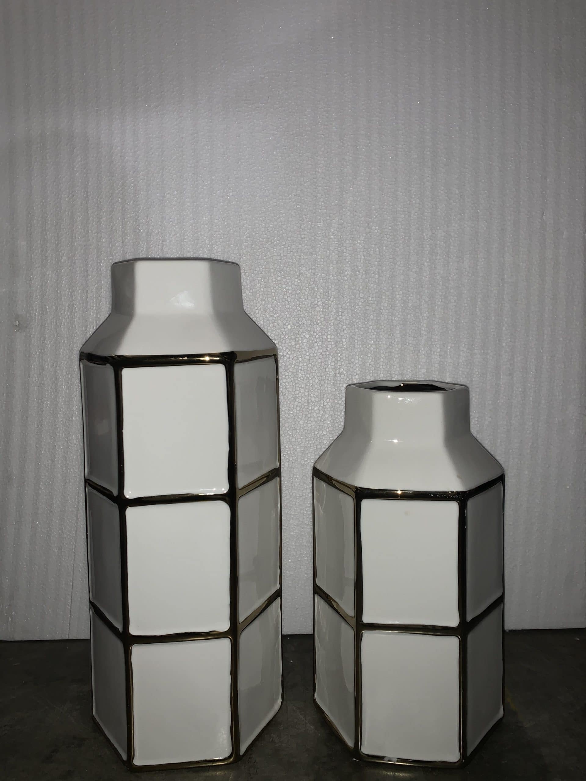 Set White Hexagon Vase w/ Gold Accent 10.5. &. 14"