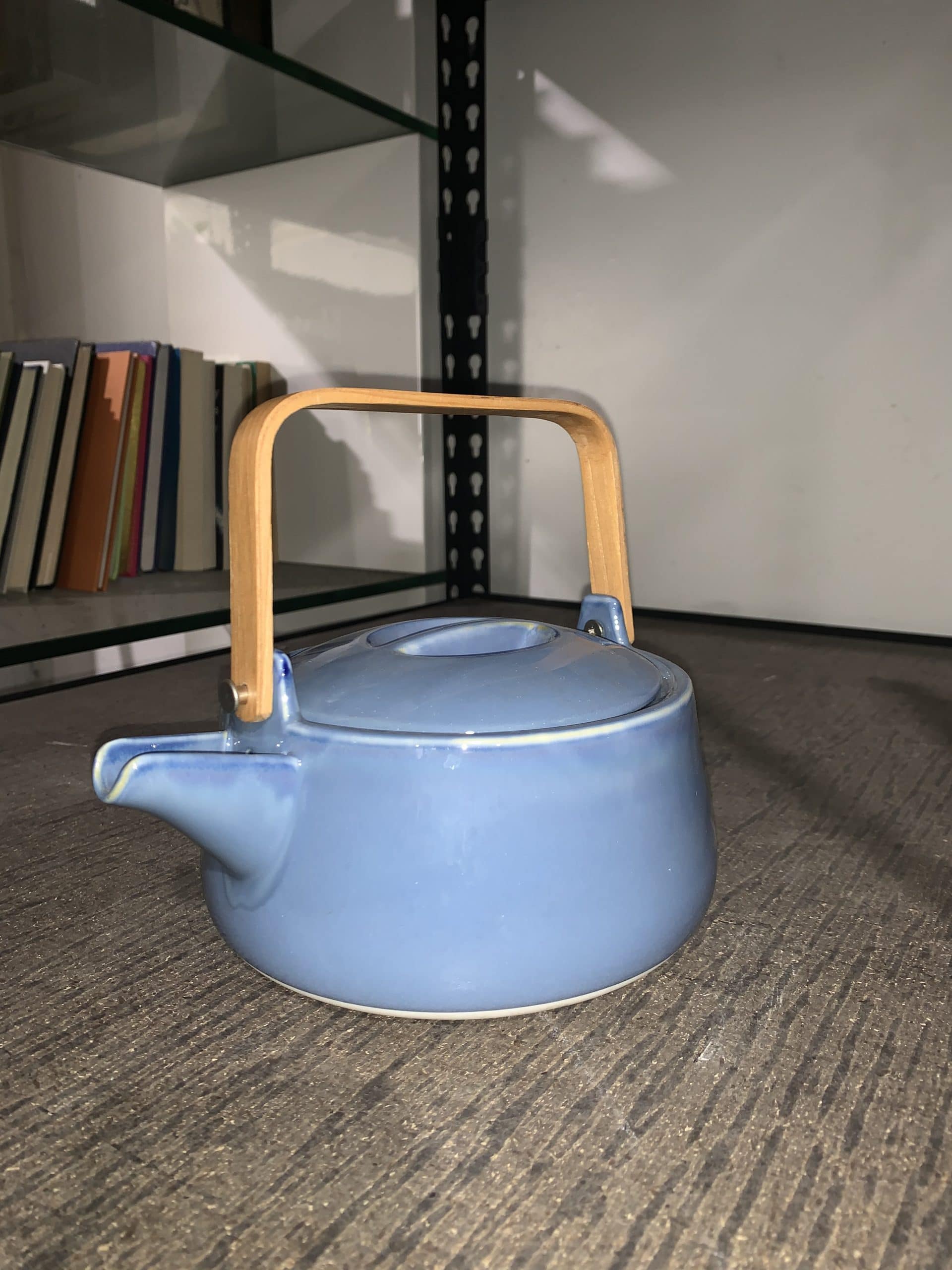 Mini Baby Blue Tea Kettle w/ Natural Wood Accent 5"