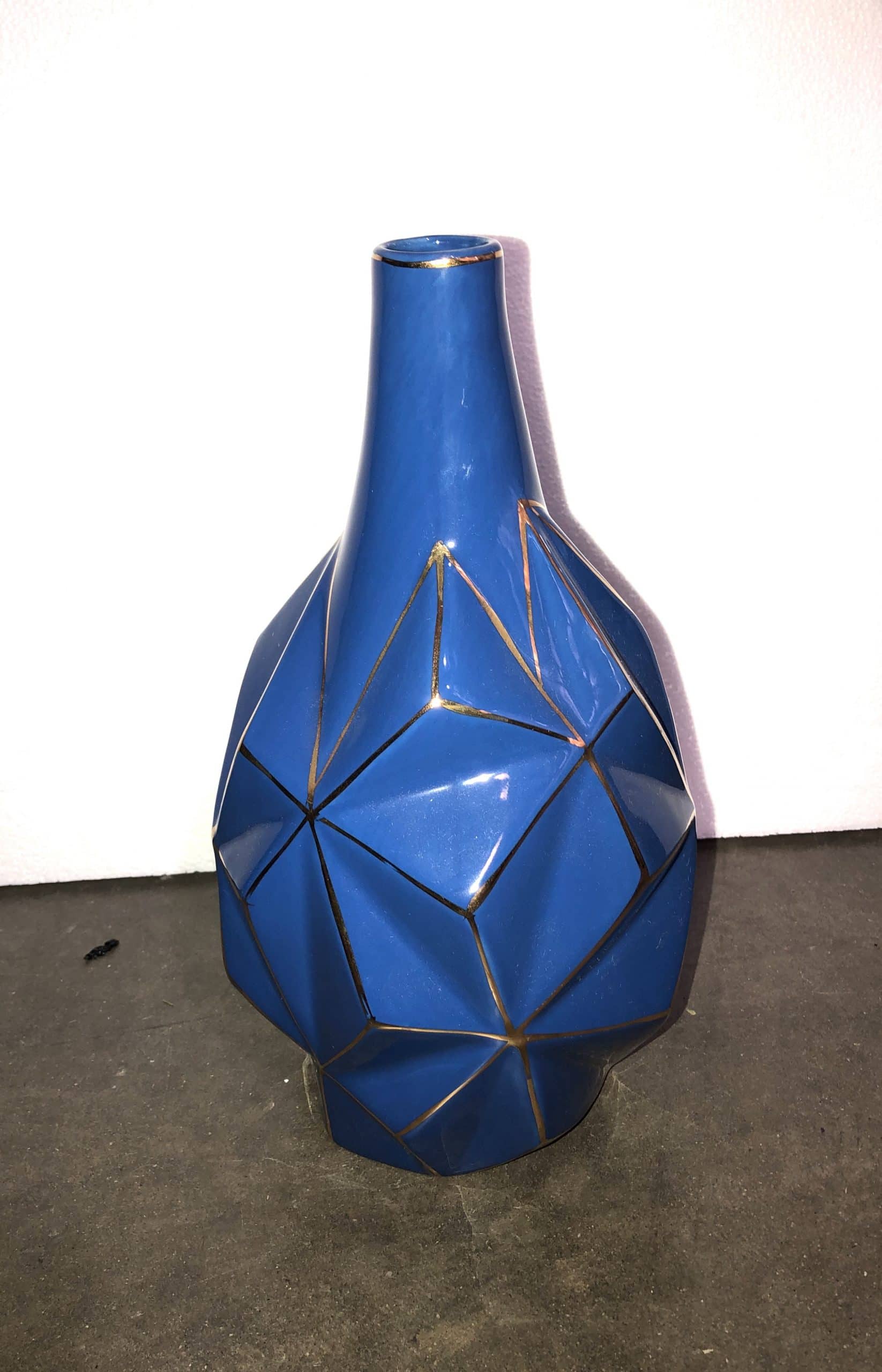 Royal Blue w/ Gold Triangle/ Diamond Outline Decorative Vase 12"