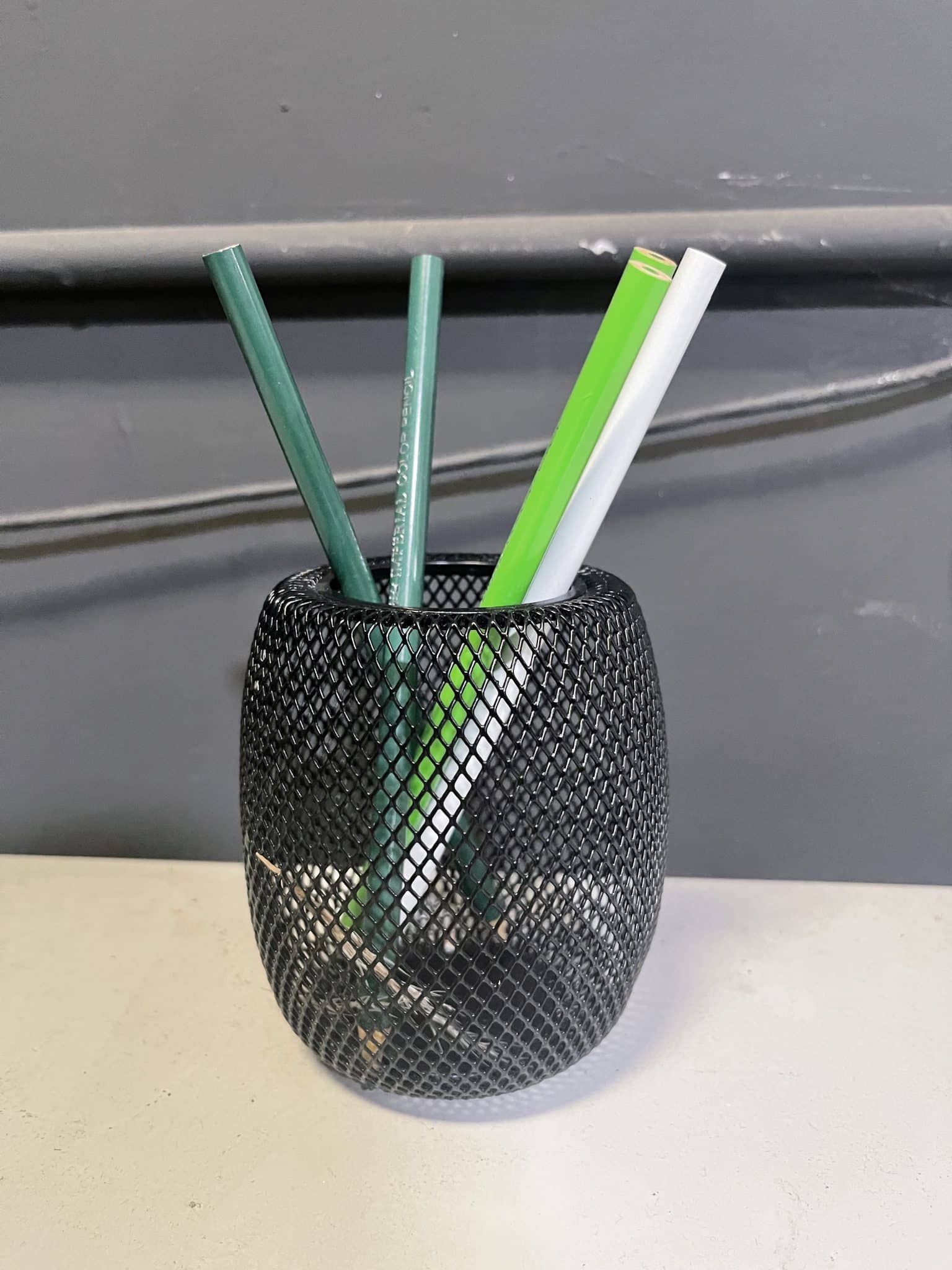 Round Black Steel Mesh Pencil Holder 4h"