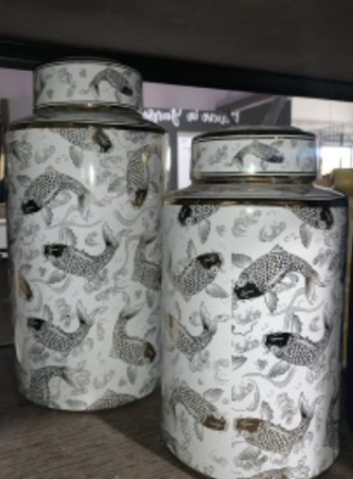 White & Gold Koi Fish Decorative Jar Set 12 & 14"