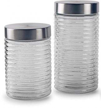 Pair of Glass Cylinder Ribbed Set of 2